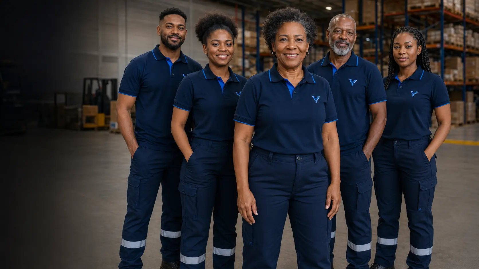Equipe diversa Veltrix com mulheres negras e profissionais 50+ usando uniforme azul-marinho